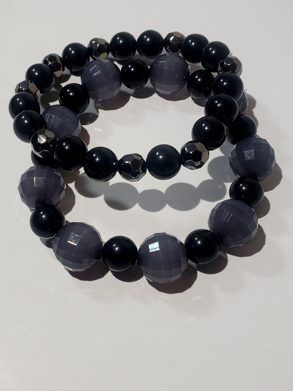 Chunky Black and Gray Beaded Stretch Bracelets - Set of 2
